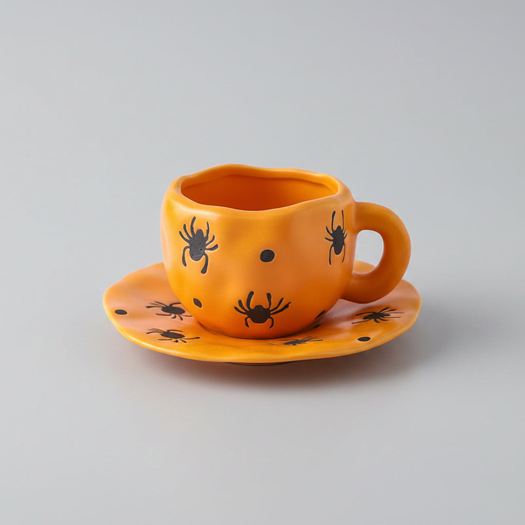 Kreatives Keramik-Tassenset (Tasse und Untertasse) im Halloween-Design – individuelle Kaffeetasse mit unregelmäßiger Form sowie Kürbis- und Fledermausmotiven
