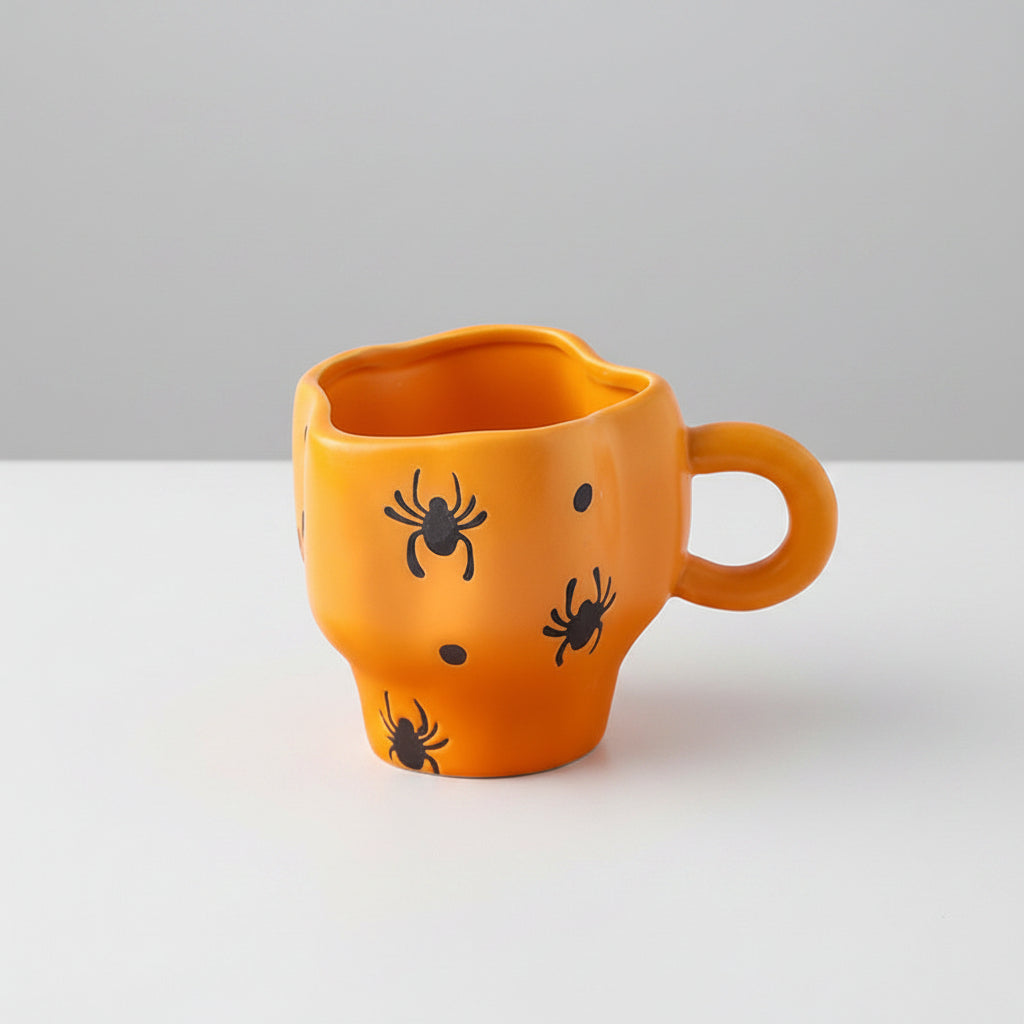 Kreatives Keramik-Tassenset (Tasse und Untertasse) im Halloween-Design – individuelle Kaffeetasse mit unregelmäßiger Form sowie Kürbis- und Fledermausmotiven