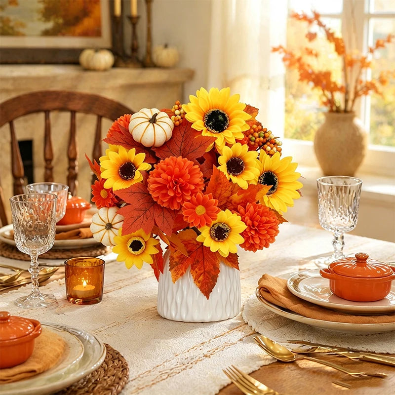 Kunstblumen Herbst-Bouquet – Seiden-Rosen & Sonnenblumen für Tisch, Hochzeit & Heimdeko