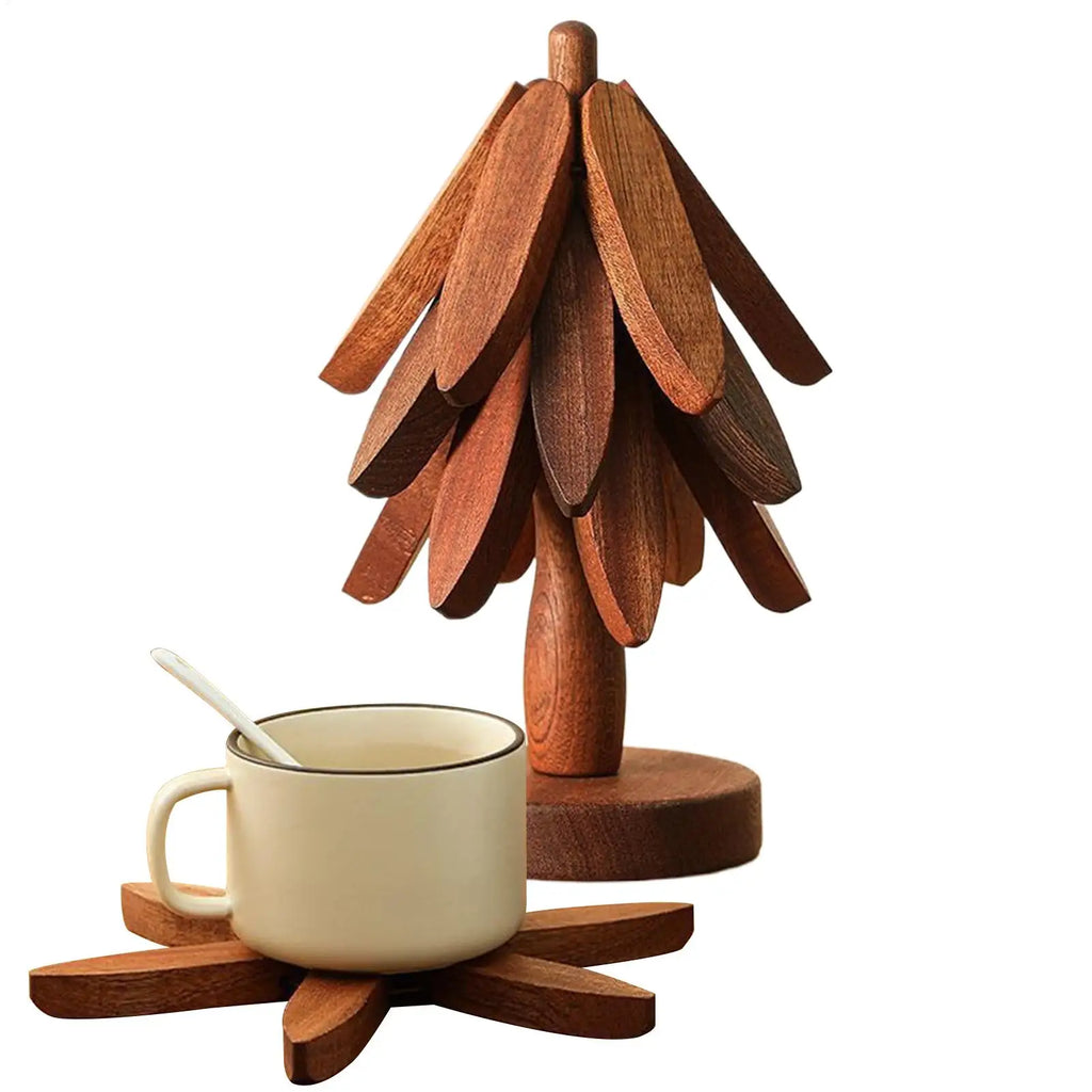 Holz-Topfuntersetzer Baum – 4er Set mit Halter | Hitzeschutz & Tischdeko