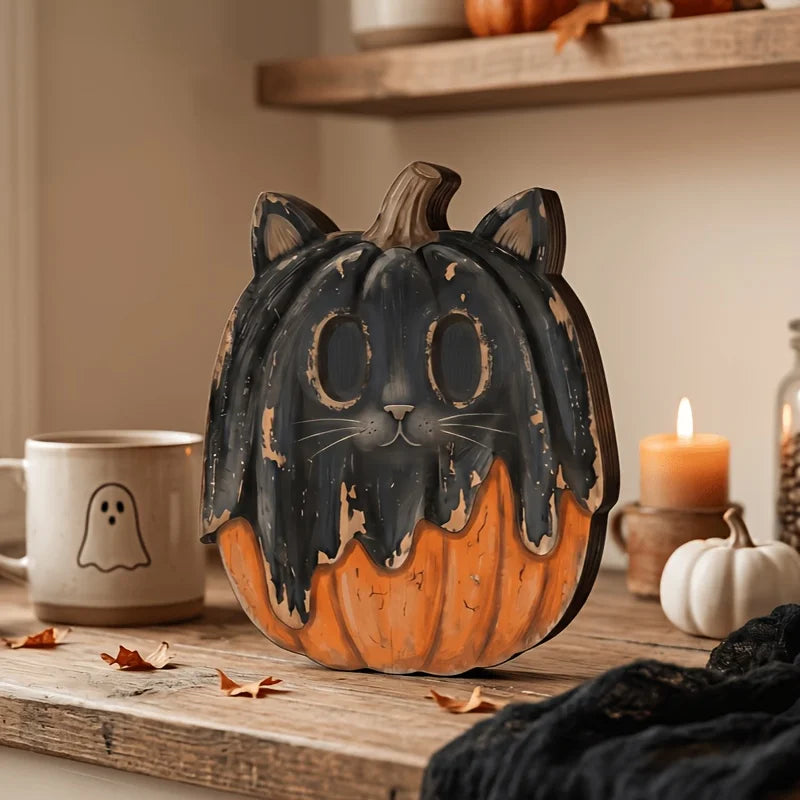 Halloween-Holzblock-Deko – Geister, Kürbisse & schwarze Katzen