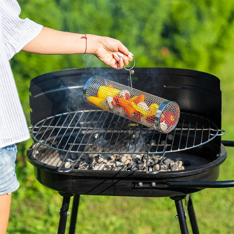 Tragbarer Roll-Grillkorb aus Edelstahl-Drahtgeflecht (zylindrisch) für Outdoor-Grillen und Camping