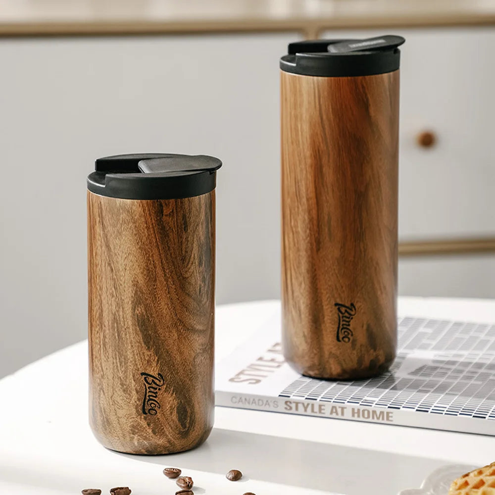 Thermobecher im Holzdesign – 400/500 ml | Vakuum-Isolierung aus 304er Edelstahl