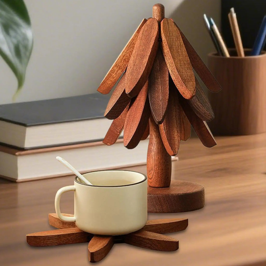 Holz-Topfuntersetzer Baum – 4er Set mit Halter | Hitzeschutz & Tischdeko