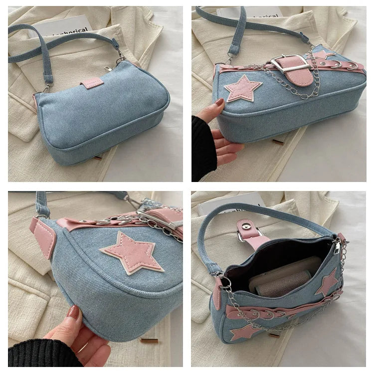 Denim-Schultertasche mit Nieten & Stern-Details – Retro Ketten-Umhängetasche für Damen