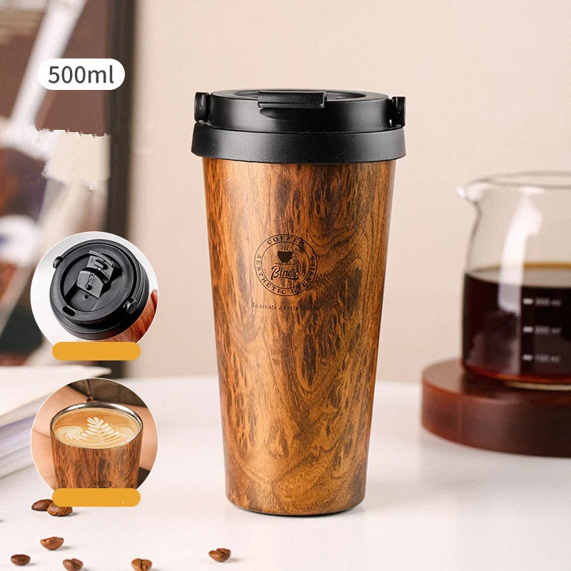 Thermobecher im Holzdesign – 400/500 ml | Vakuum-Isolierung aus 304er Edelstahl
