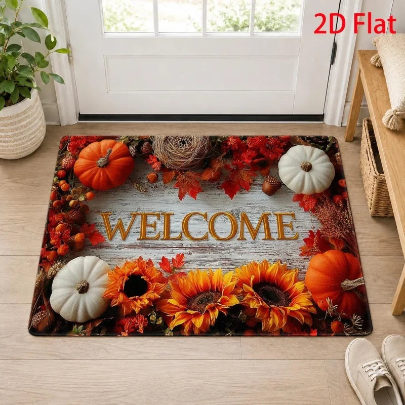 Herbst-Fußmatte – Kürbis & Sonnenblume, Retro-Karomuster, Willkommen Zuhause