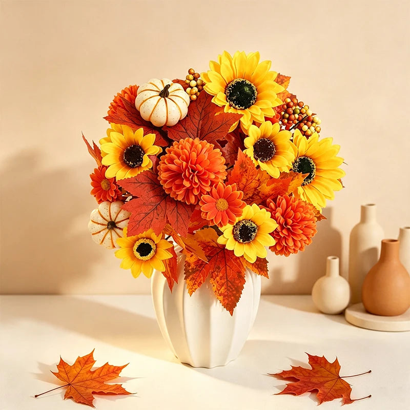 Kunstblumen Herbst-Bouquet – Seiden-Rosen & Sonnenblumen für Tisch, Hochzeit & Heimdeko