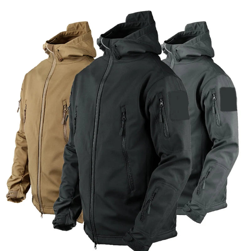 Herrenjacke mit Kapuze – wasserdicht, durchgehender Reißverschluss, mehrere Taschen – taktischer Outdoor-Mantel für Camping und Arbeit