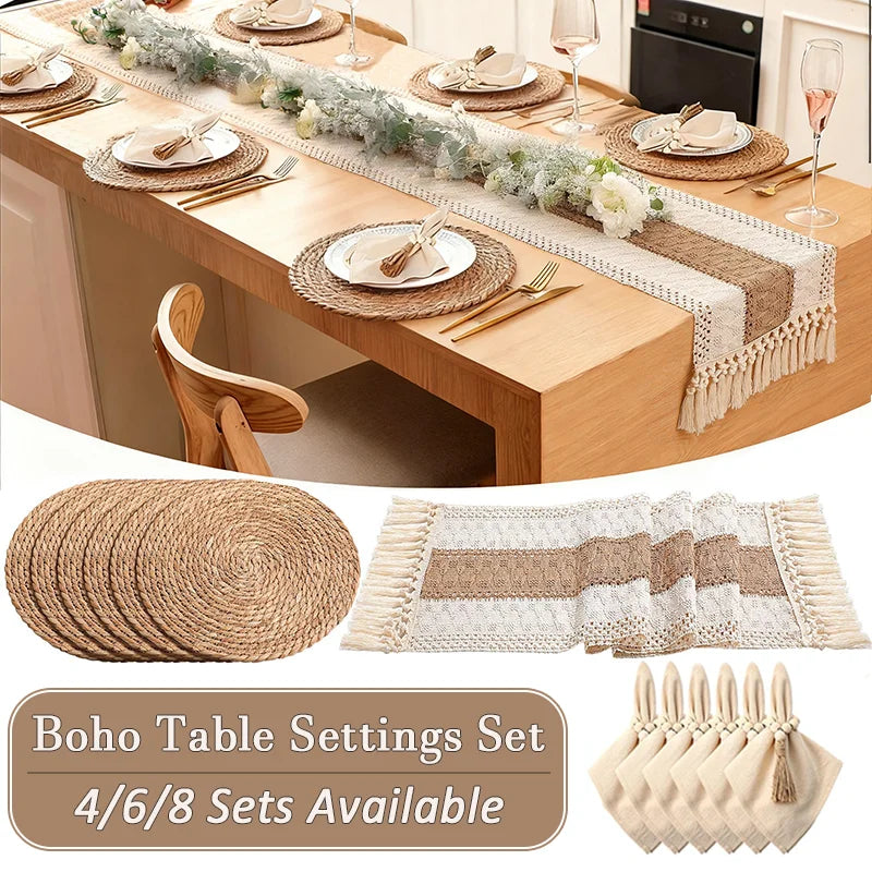 Boho Tischset – Tischläufer, Platzsets, Servietten & Ringe | 4/6/8er Set