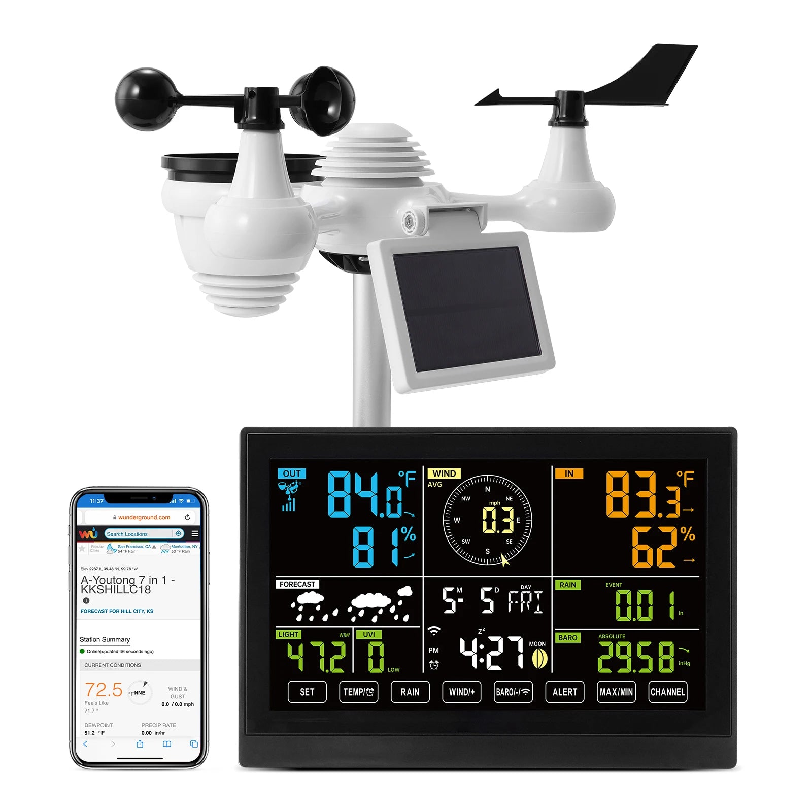 SucceBuy 7-in-1 WLAN-Wetterstation – 7,5” Farbdisplay, Solar, Außensensor & App-Anbindung