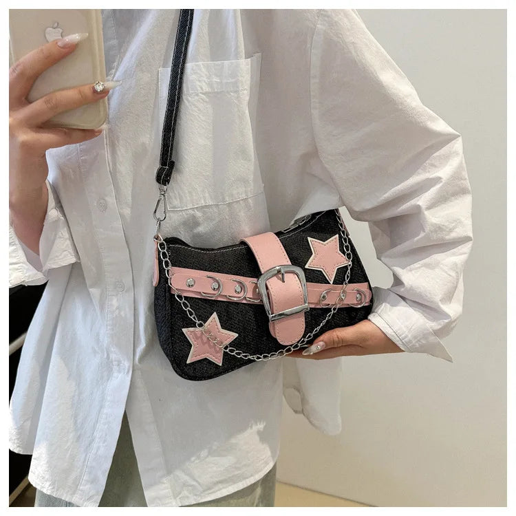 Denim-Schultertasche mit Nieten & Stern-Details – Retro Ketten-Umhängetasche für Damen