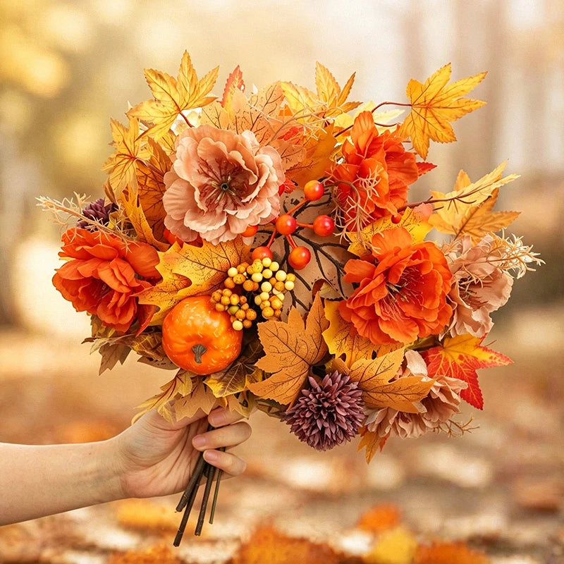 Kunstblumen Herbst-Bouquet – Seiden-Rosen & Sonnenblumen für Tisch, Hochzeit & Heimdeko