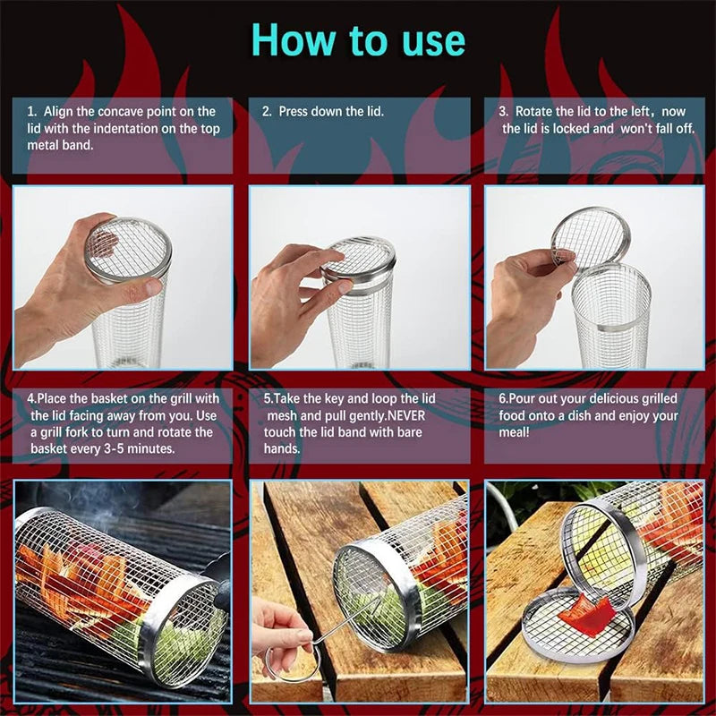 Tragbarer Roll-Grillkorb aus Edelstahl-Drahtgeflecht (zylindrisch) für Outdoor-Grillen und Camping