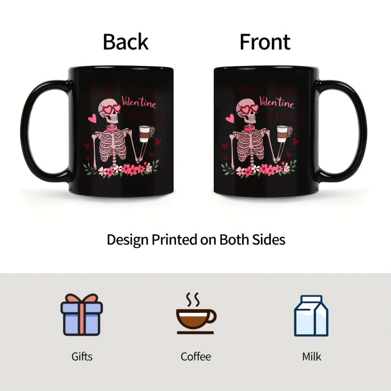 Coffee is my Valentine“ – schwarze Tasse mit Totenkopf- und Kaffeetassen-Motiv für den Valentinstag.