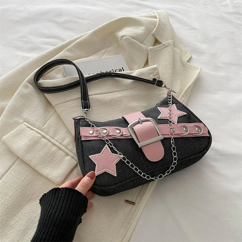 Denim-Schultertasche mit Nieten & Stern-Details – Retro Ketten-Umhängetasche für Damen