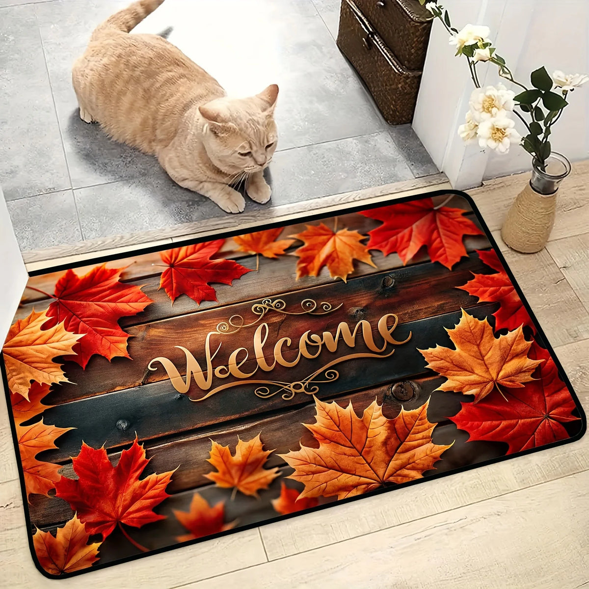 Herbst-Fußmatte – Kürbis & Sonnenblume, Retro-Karomuster, Willkommen Zuhause