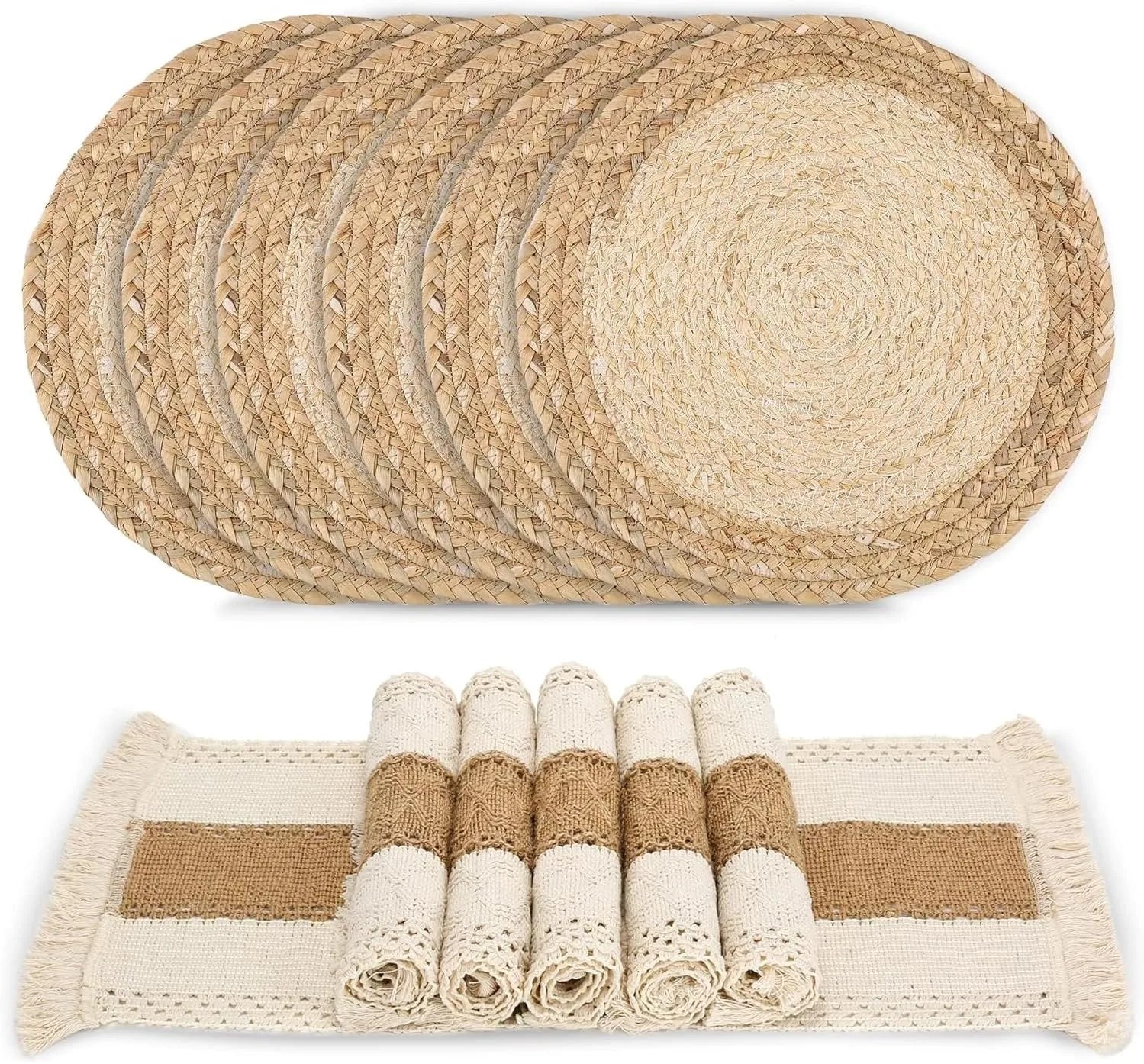 Handgemachte Boho Tischsets – Baumwolle, Jute & Wassergras geflochten | 1 Set